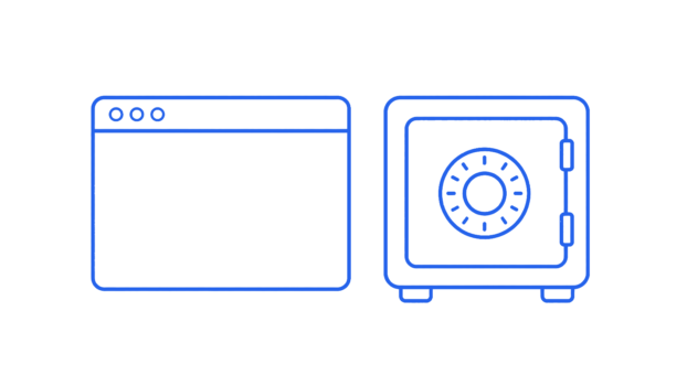 Browser window next to a combination safe representing browser and dedicated password managers
