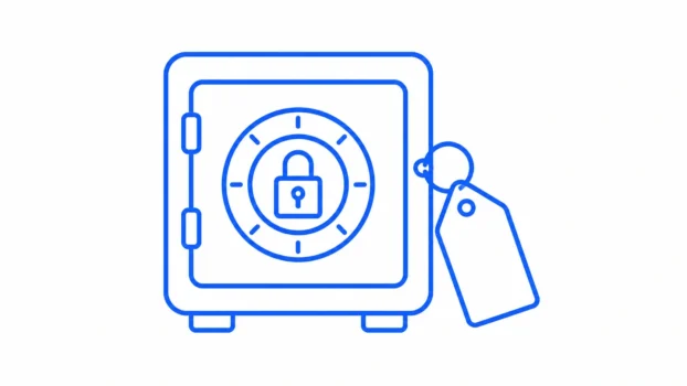 Blue line-art safe with a blank price tag representing whether a password manager is worth paying for